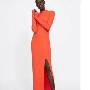 Zara Orange Ribbed Knit Slit Dress Sz S